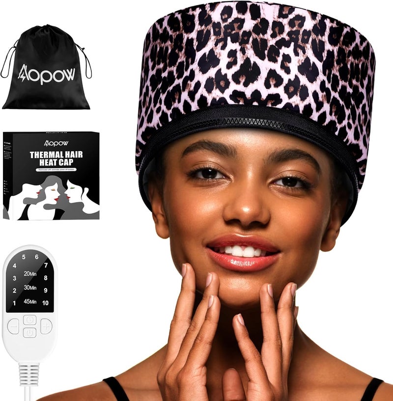 aopow Heat Cap Leopard Thermal Steam Cap - 10-Level Heating for Deep Conditioning Natural and Black Hair at Home - Image 1